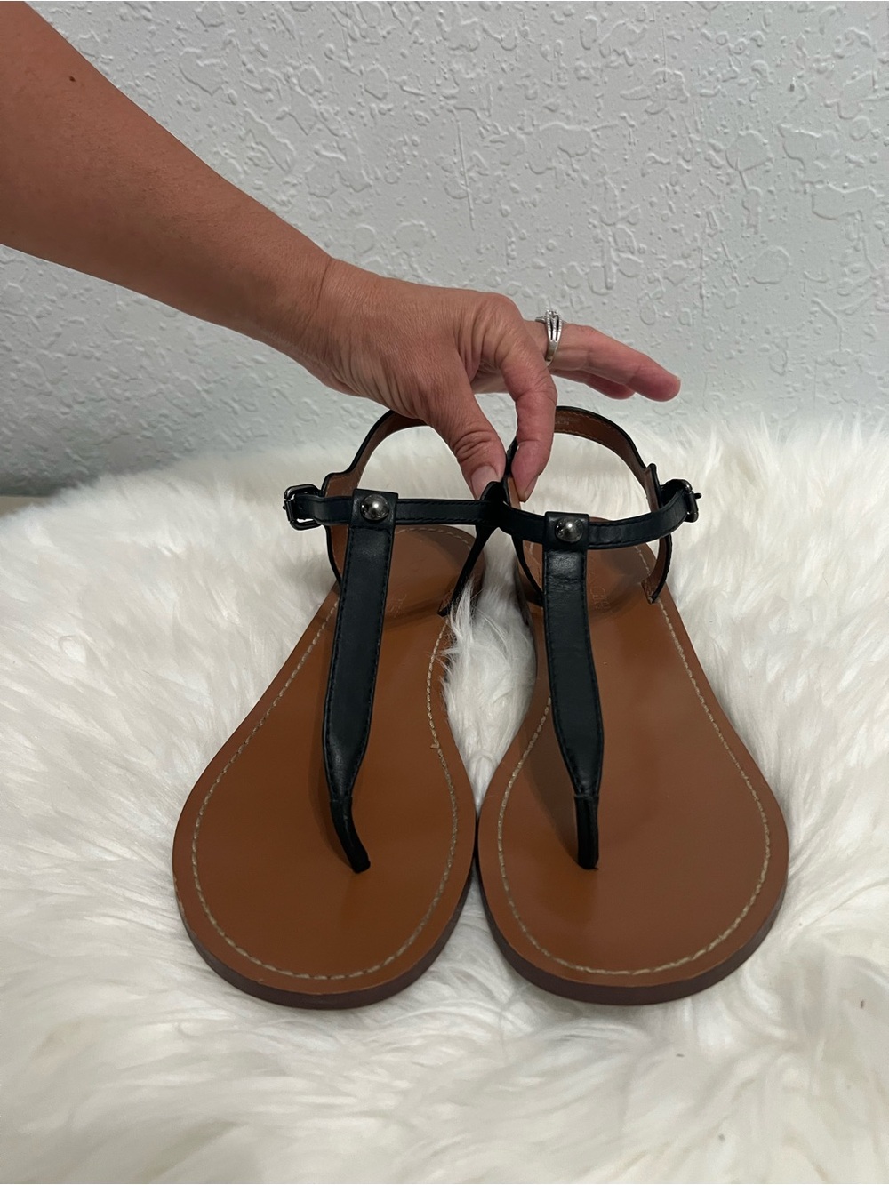 Coach Black T-Strap Women's Sandals with Brown Footbed